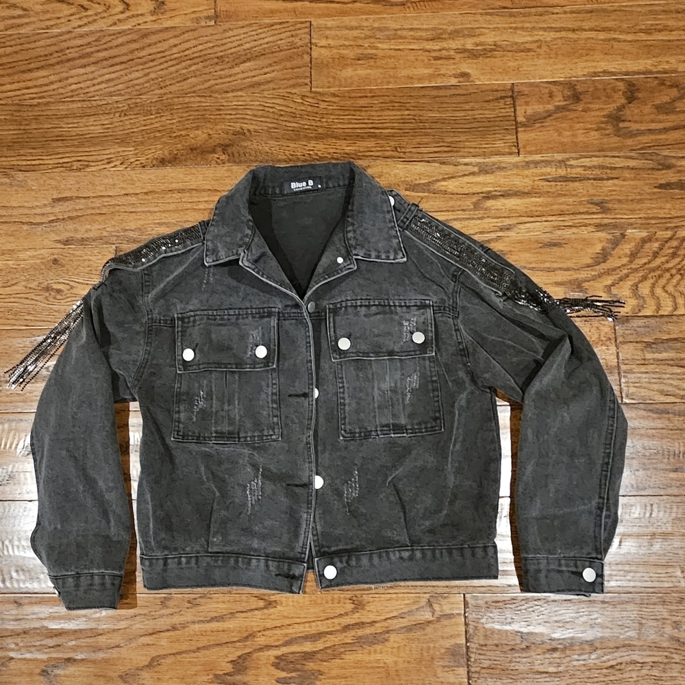 Blue B Collection Denim Destressed Jean Jacket w/ Rhinestone Shoulders, …
